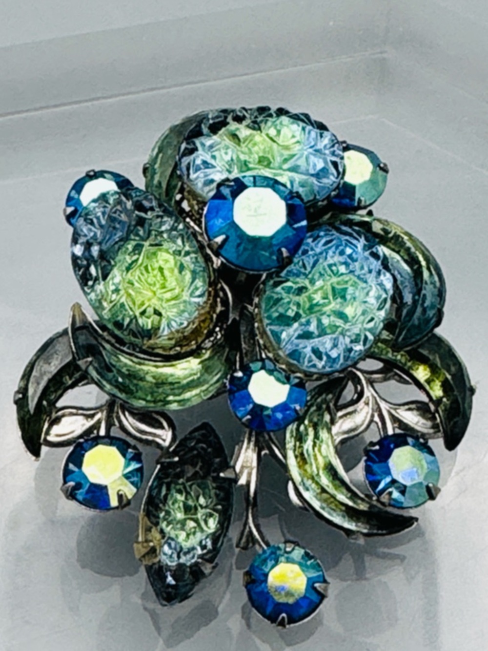 Judy Lee Blue-Green Aurora Rhinestone Floral Brooch